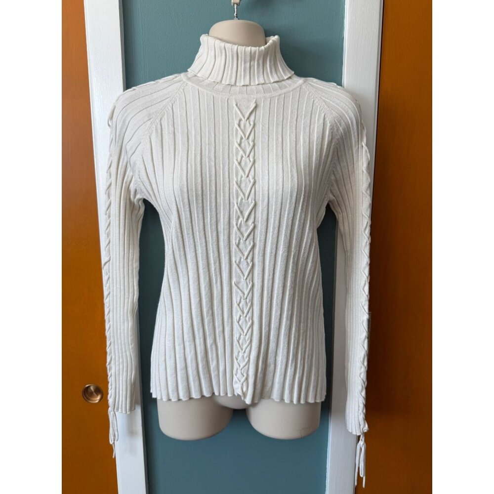 Vintage Cache Womens Turtleneck Size M Ivory Ribbed w Braided Sleeves and Front